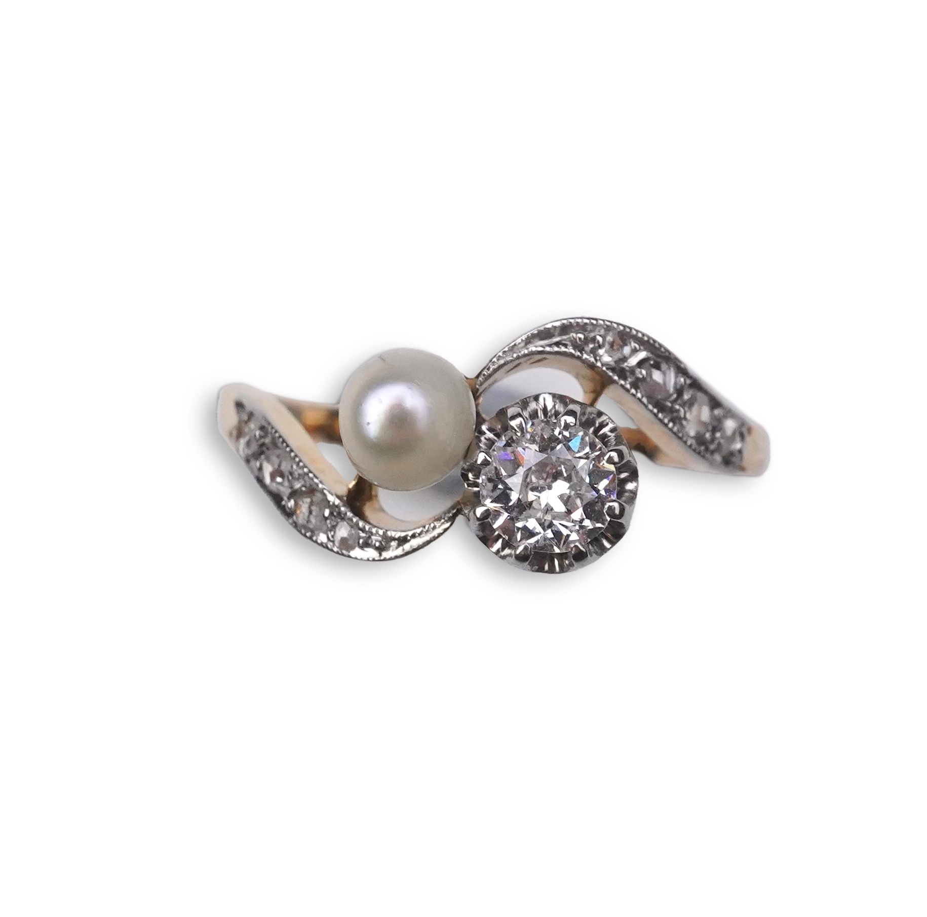 A pearl and diamond toi-et-moi ring, early 20th century